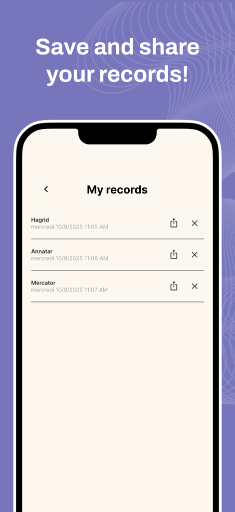 A mobile app interface showing a list of saved voice recordings with options to share or delete each entry under the heading My records.