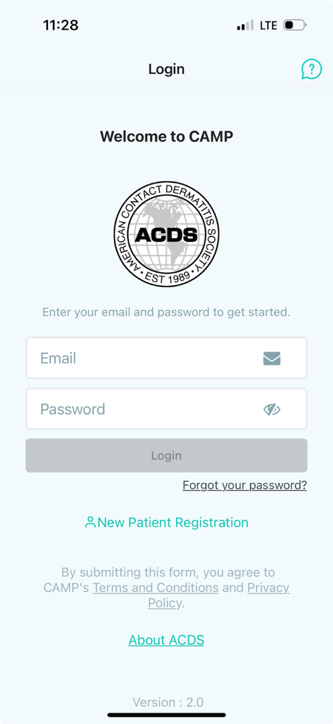 ACDS CAMP - ACDS CAMP app login screen with fields for email and password