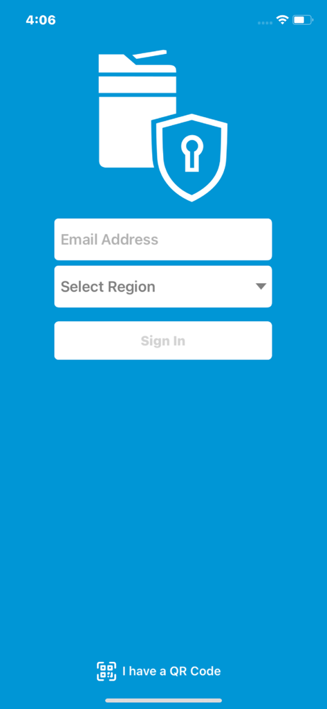 HP JetAdvantage Secure Print - Pantalla de inicio de sesión para la aplicación HP JetAdvantage Secure Print con entrada de dirección de correo electrónico y selección de región