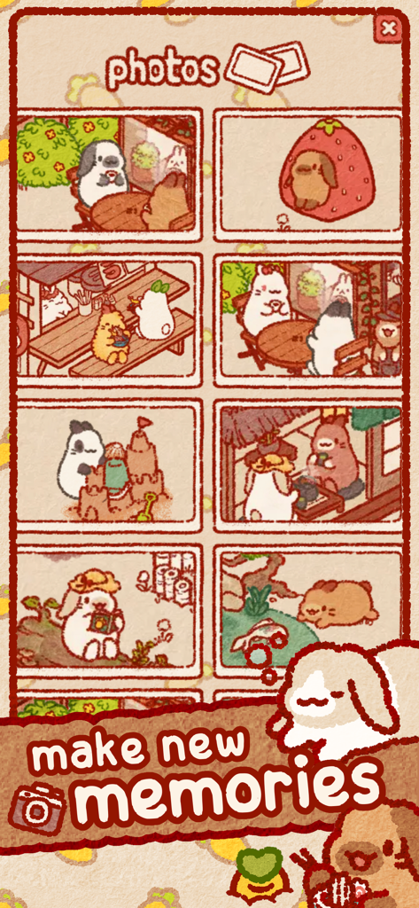 Usagi Shima: Cute Bunny Game - An in-game photo album showing various snapshots of cute hand-drawn bunnies in Usagi Shima.