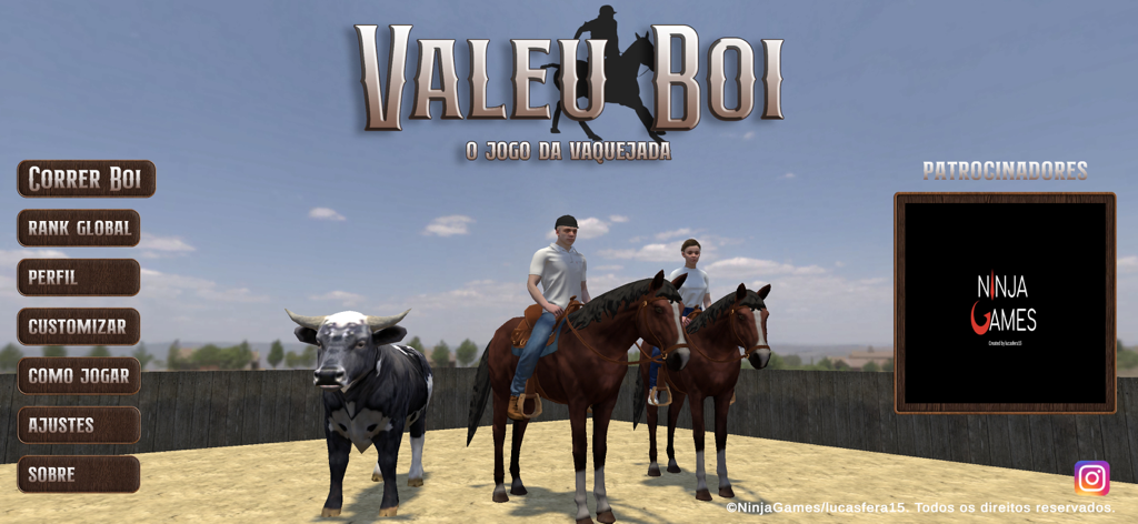 Valeu Boi: O Jogo da Vaquejada - Main menu screen of the Valeu Boi Vaquejada game showing horse riders and a bull in a sand arena
