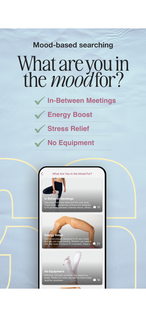 GGStudio - GGStudio mobile app interface showing mood-based workout categories like Energy Boost and Stress Relief
