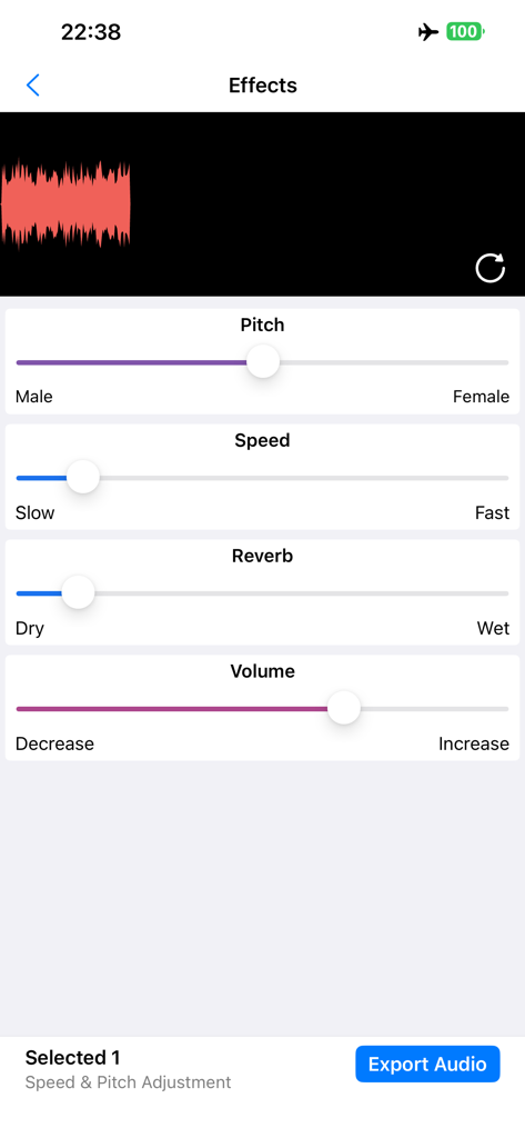 MP3Converter-Video2MP3 & Tools - Interface de l'application MP3Converter montrant des curseurs pour ajuster la hauteur, la vitesse, la réverbération et les paramètres de volume de l'audio.