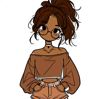 girl with a messy ponytail glasses a baggy crop top and jean shorts