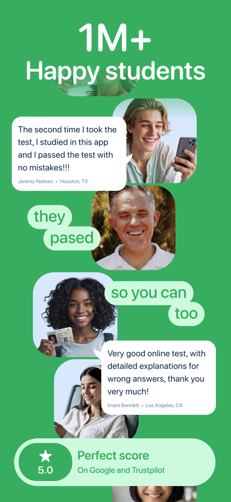 DMV Practice Test & Drivers Ed - User testimonials and 5 star ratings from students who passed their driving exams