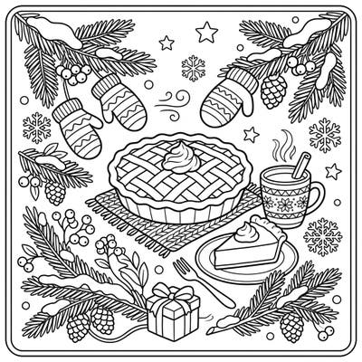 Gather 'round for a delightful winter scene featuring yummy pumpkin pies, festive mittens, and snowy pine branches. This charming coloring page offers young artists a perfect blend of cozy treats and frosty fun.