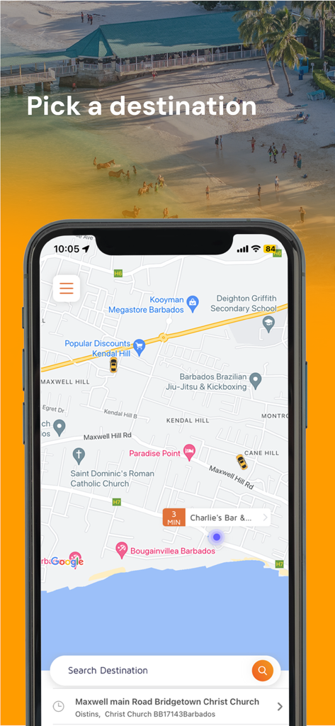 PickUp Barbados - Interfaz del mapa de la aplicación de taxis PickUp Barbados para elegir un destino