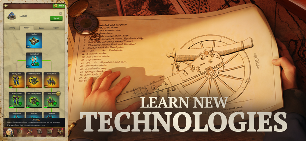 War and Peace: Civil War - Military technology research interface in the War and Peace Civil War mobile game