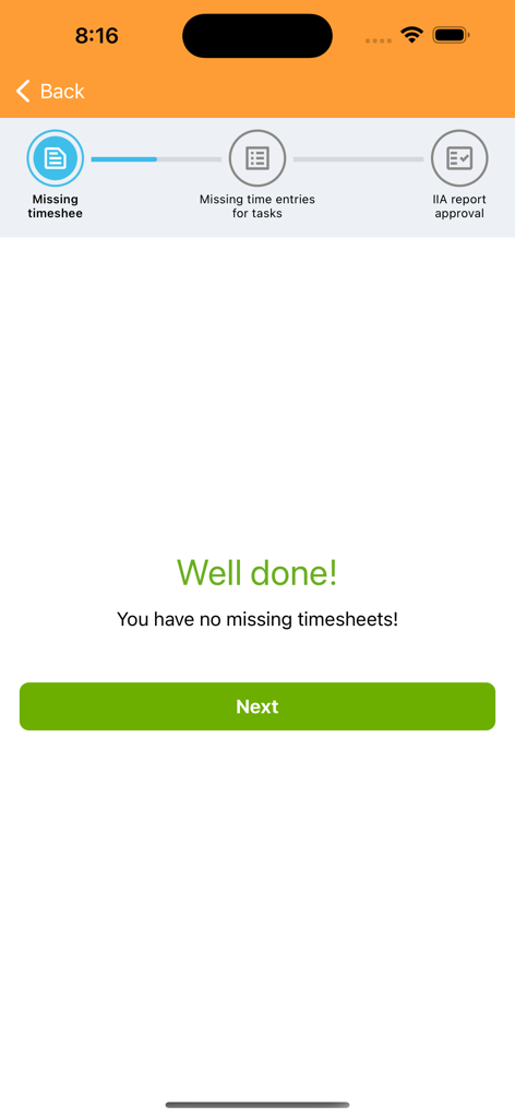 Timeclock 365 Time Tracker - Mobile screen of Timeclock 365 showing a confirmation that there are no missing timesheets with a next button