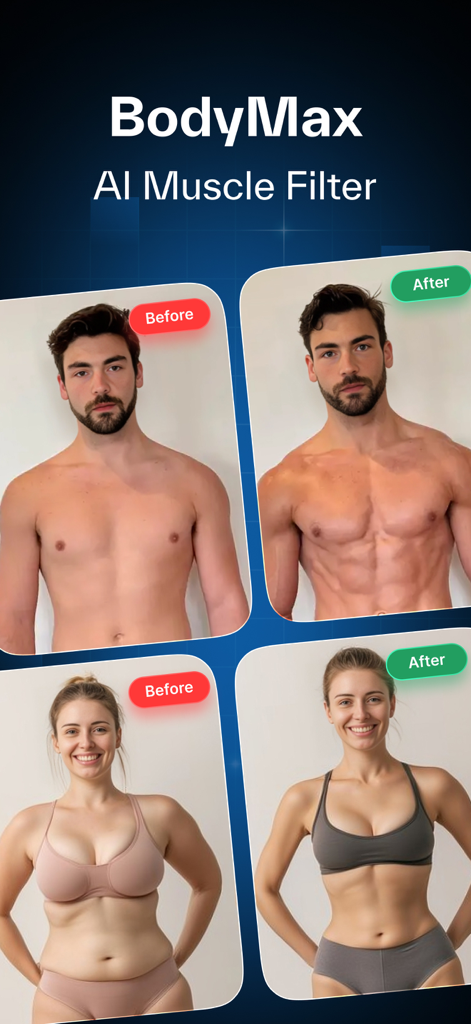 Photos avant/après montrant la transformation musculaire d'un homme et d'une femme utilisant l'application IA BodyMax