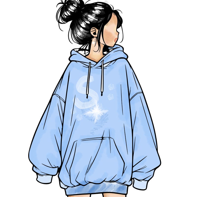 realistic girl with a oversized sweatshirt on and a bun