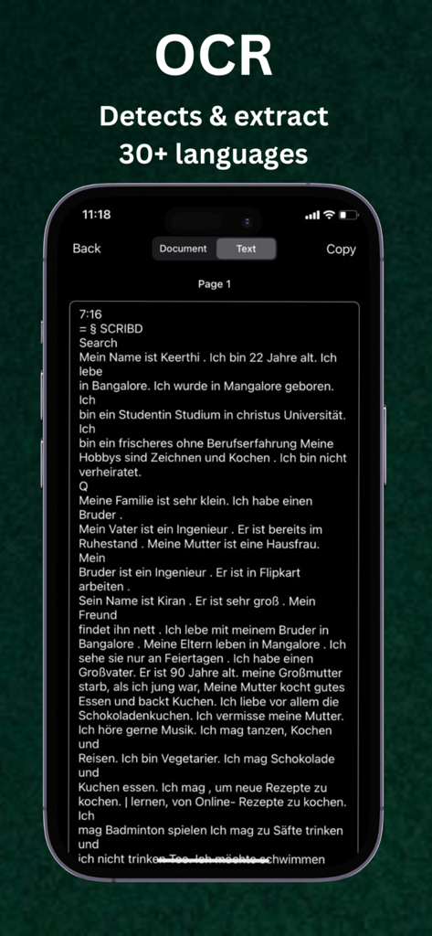 PDF Maker : Photos to PDF App - Interfaz de la aplicación PDF Maker mostrando la función OCR extrayendo texto de un documento en un iPhone