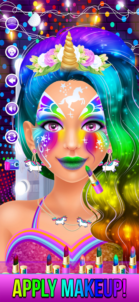 Rainbow Unicorn Candy Salon - Eine Mädchenfigur mit Regenbogenhaar und Einhorn-Themen-Kinderschminken und Make-up im Salon-Spiel