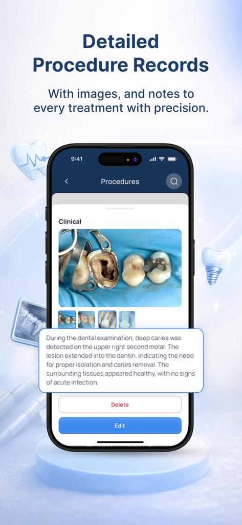 Interfaz de la aplicación UpDent que muestra la documentación clínica dental con fotos de procedimientos y notas de tratamiento detalladas.