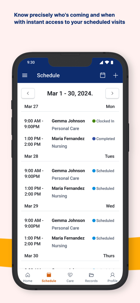 AlayaCare Family Portal - AlayaCare Family Portal mobile app interface showing a detailed schedule of home care visits with caregiver names and visit statuses