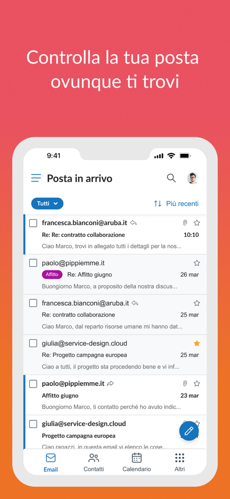 Interfaccia dell'app mobile Aruba Mail che mostra una casella di posta elettronica professionale con più thread di messaggi su uno schermo di smartphone