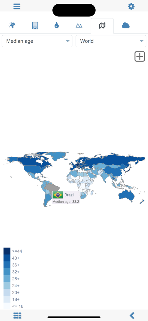 World atlas & map MxGeo Pro - World choropleth map showing median age statistics with Brazil highlighted in the MxGeo Pro app