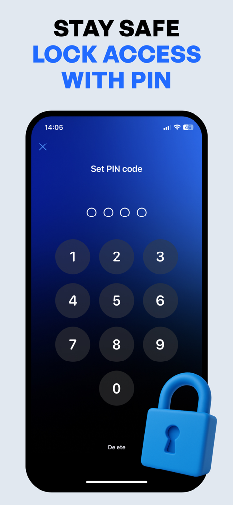 xBlock - Porn Blocker | No Nut - Ein Smartphone zeigt den Bildschirm zum Festlegen des PIN-Codes mit einer numerischen Tastatur und einem blauen Vorhängeschloss-Symbol