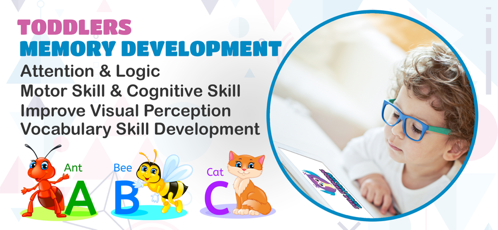 Pre-K Preschool Games for Kids - Toddler memory development screen showing learning categories and a child playing educational games on a tablet.