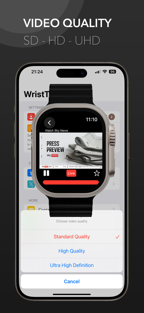 WristTube for YouTube - WristTube app showing YouTube video quality options including SD HD and UHD for Apple Watch