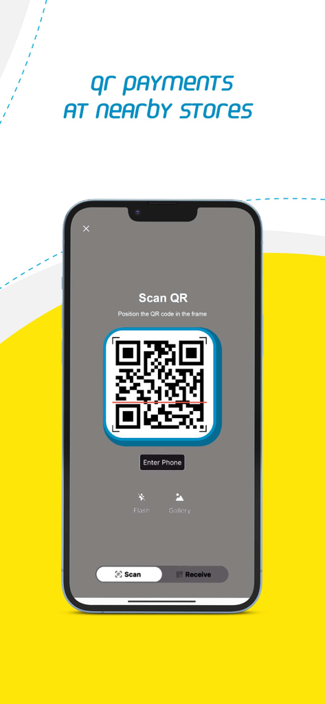 WavePay - スマートフォン画面。WavePayアプリのインターフェースでQRコードをスキャンして近くの店舗で支払いを行うことができます。