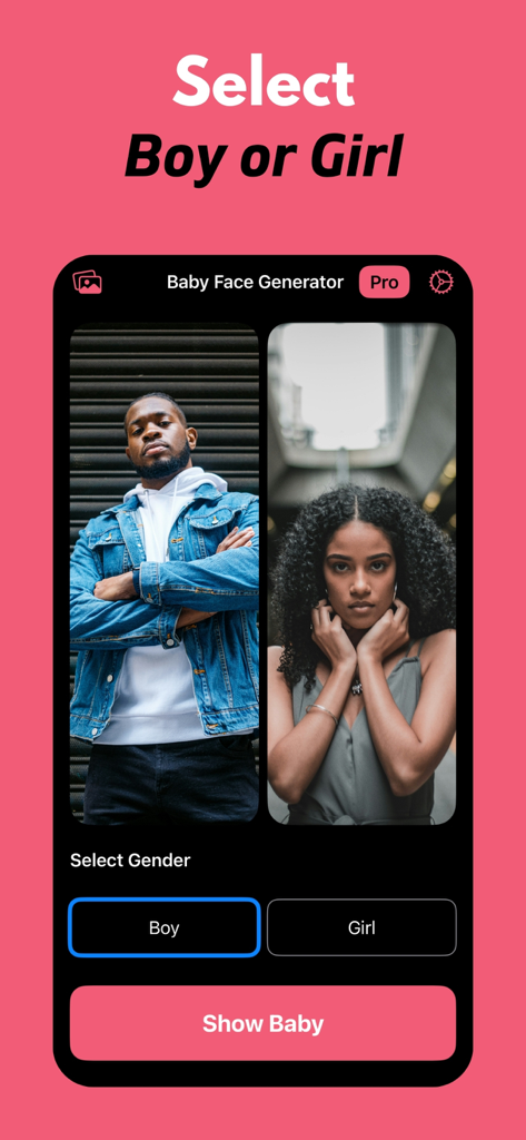 Baby Face Generator: AI Future - Baby Face Generator app interface with options to select baby gender