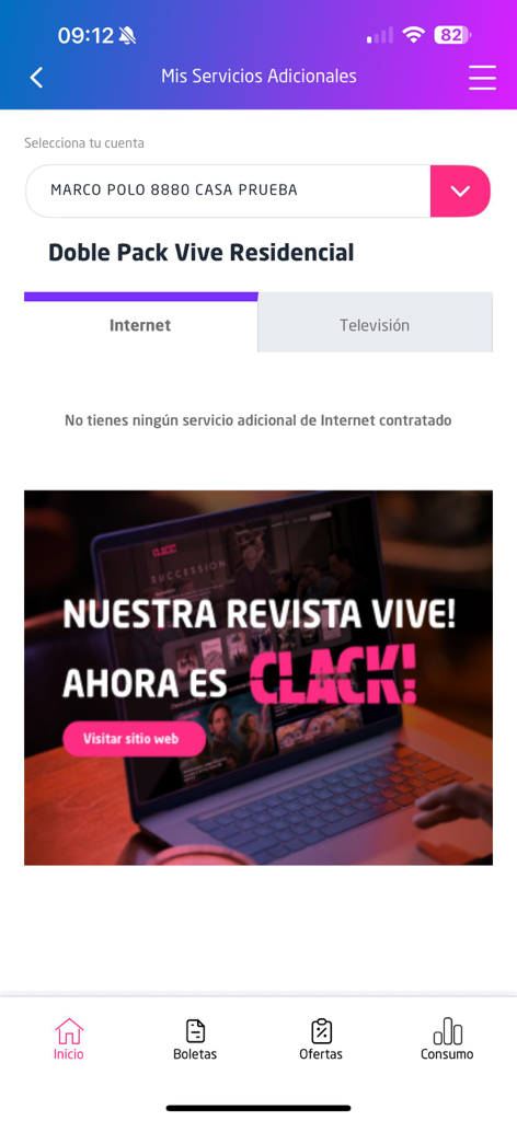 Pantalla de la aplicación móvil VTR que muestra la sección de servicios adicionales para una cuenta de internet residencial en Chile.