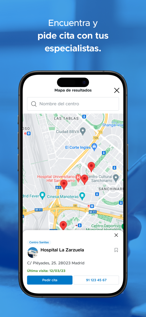 Mi Sanitas - Interfaz de mapa de la aplicación Mi Sanitas que muestra centros médicos y un botón de reserva