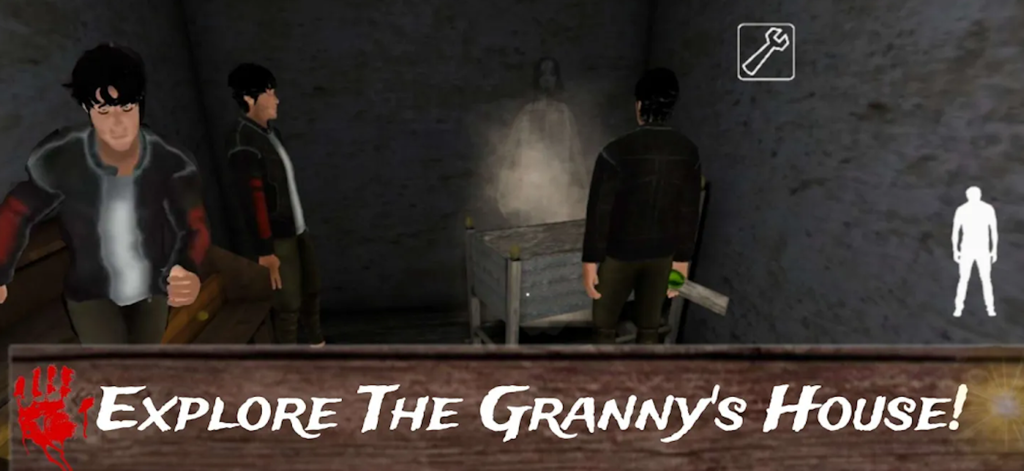 Cursed house Multiplayer(GMM) - Three players exploring a dark room in Cursed House Multiplayer with a ghostly figure appearing.