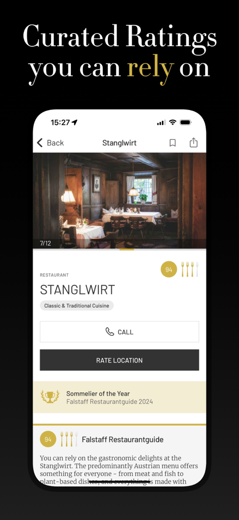 Falstaff Guide - Interface of the Falstaff Guide app showing a detailed restaurant review with expert ratings and sommelier awards