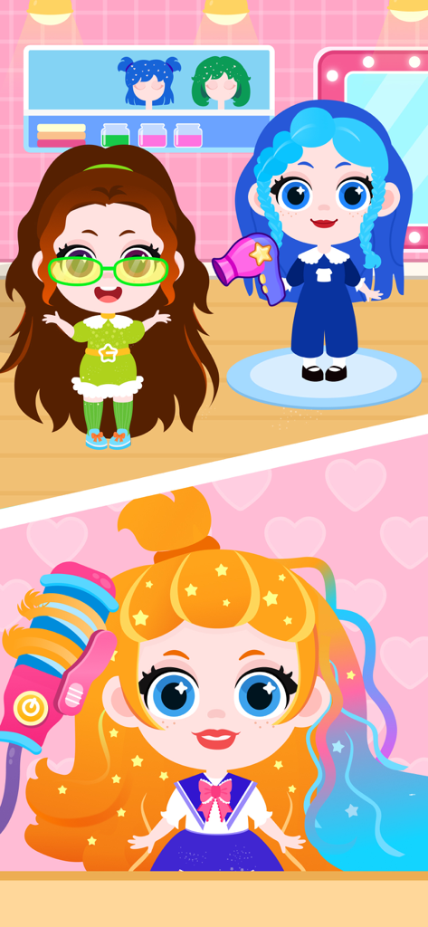 Beauty Salon Games for Girls - Ein bunter mobiler Spielbildschirm, der Charaktere in einem Friseursalon zeigt, die ihre Haare mit Styling-Werkzeugen trocknen und locken