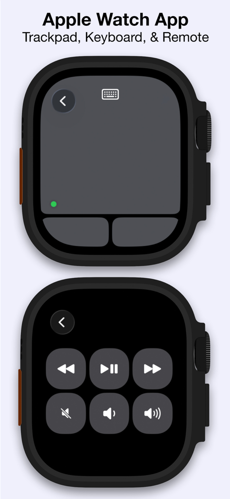Interfaz de la aplicación Apple Watch para Mando Bluetooth Mobile Mouse mostrando controles de trackpad y multimedia