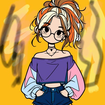 girl with a messy ponytail glasses a baggy crop top and jean shorts