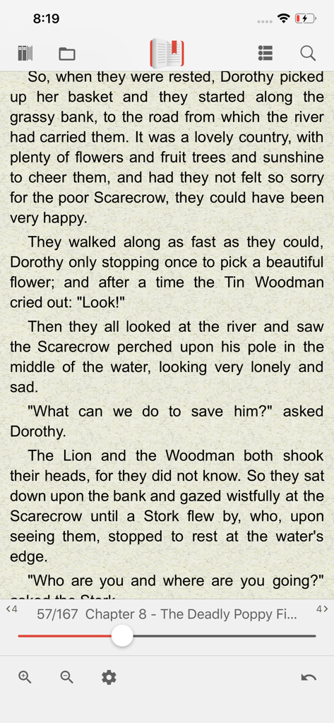 FBReader app reading screen showing a book page and navigation controls