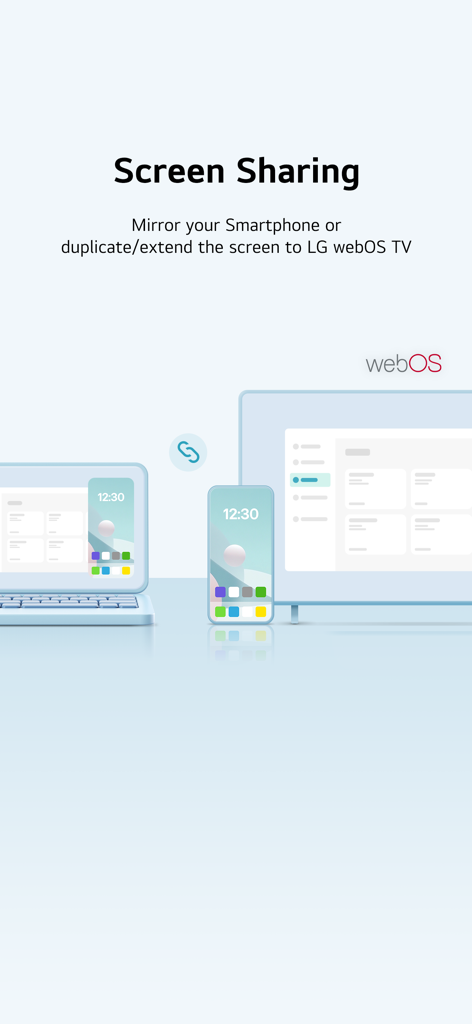 Graphic showing screen sharing and display extension between a smartphone laptop and LG webOS TV