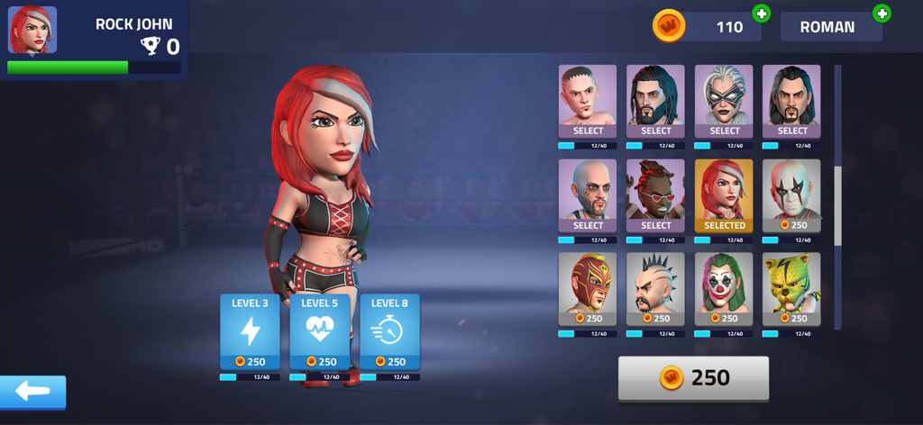 Character selection menu in Rumble Wrestling showing a female fighter and a grid of unique 3D wrestlers
