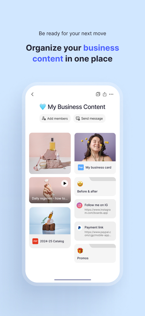Boards.com - Interface do aplicativo Boards mostrando conteúdo de negócios organizado como imagens, vídeos e PDFs em um só lugar