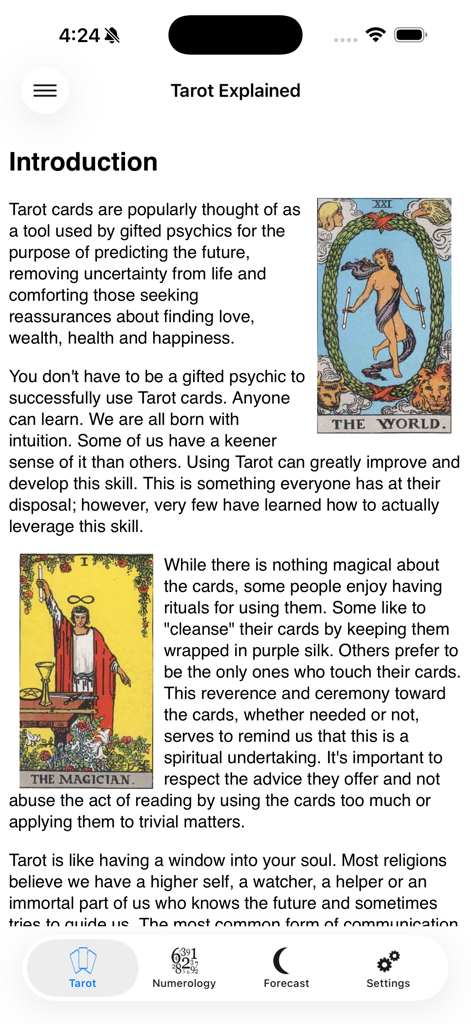 Ein Einführungsbildschirm mit dem Titel Tarot erklärt innerhalb der App Tarot und Numerologie mit Kartenillustrationen und Bildungstext