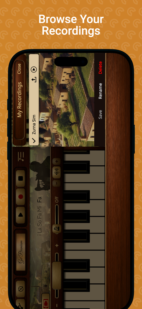 Zurna Sim - Interfaz de la aplicación Zurna Sim mostrando un menú para navegar y administrar grabaciones de música guardadas