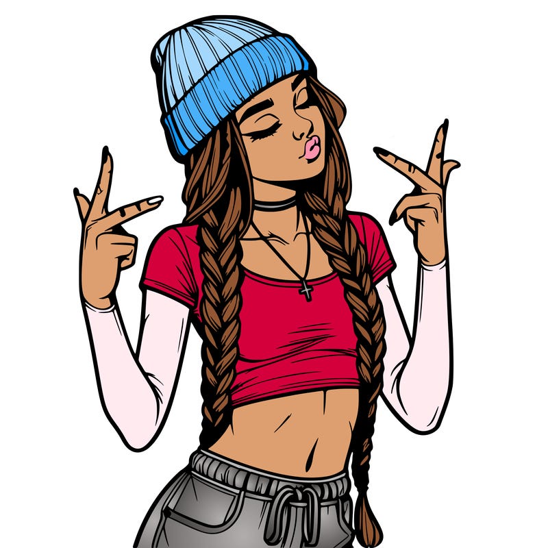 realistic teenage girl with braids and a beanie and crop top doing 🫶🏼