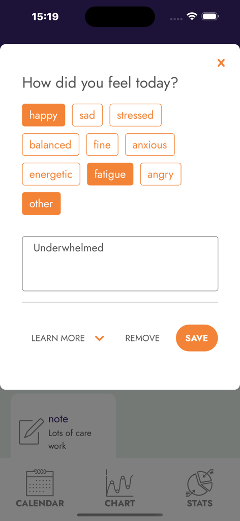 Mood logging interface in the drip app showing selectable emotion tags and a custom text field for daily reflections.