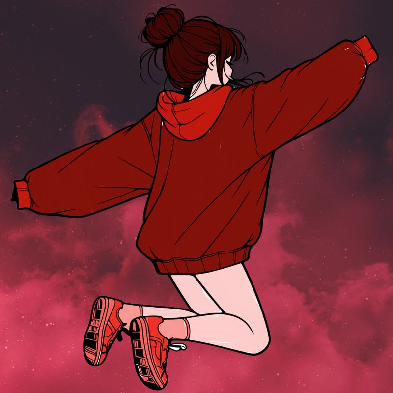 realistic girl jumping with a bun and oversized sweatshirt