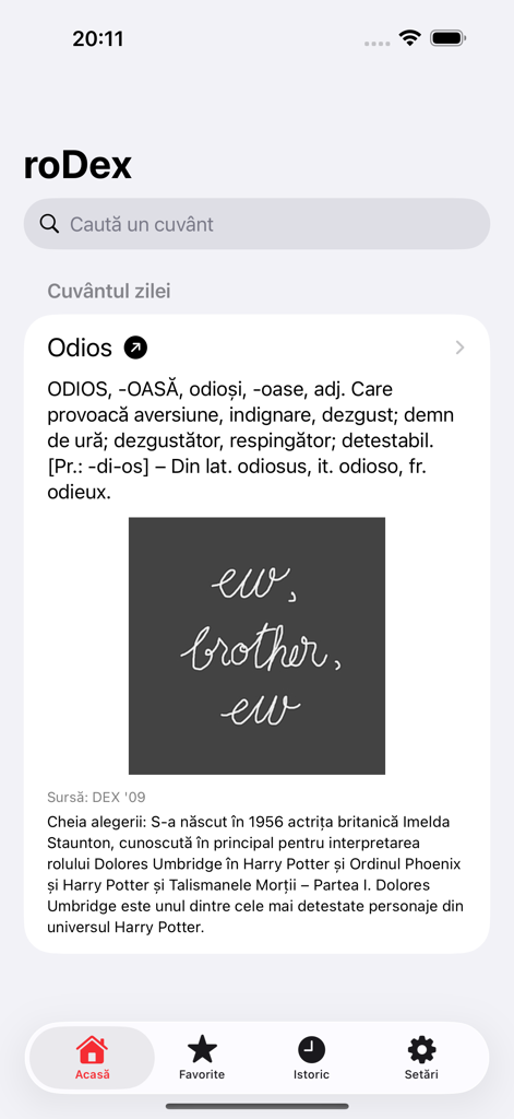 Página de inicio de la aplicación de diccionario rumano roDex mostrando la función Palabra del Día.