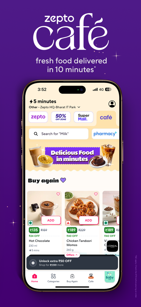 Zepto: Groceries in minutes - Zepto app interface for its Cafe section showing fresh food delivery options within ten minutes