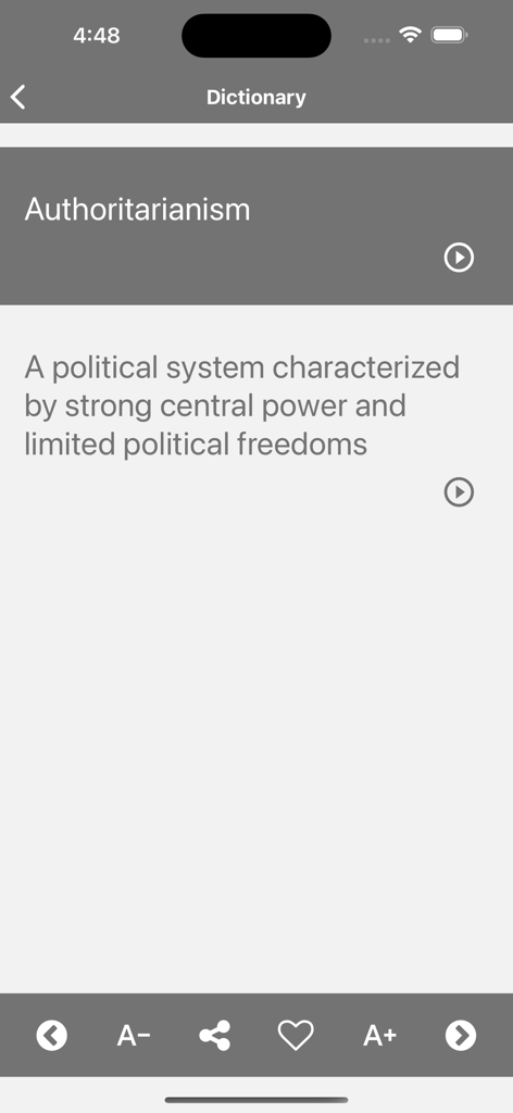 Political Science Terms - A dictionary entry for the term authoritarianism in the Political Science Terms app showing its definition and audio playback features