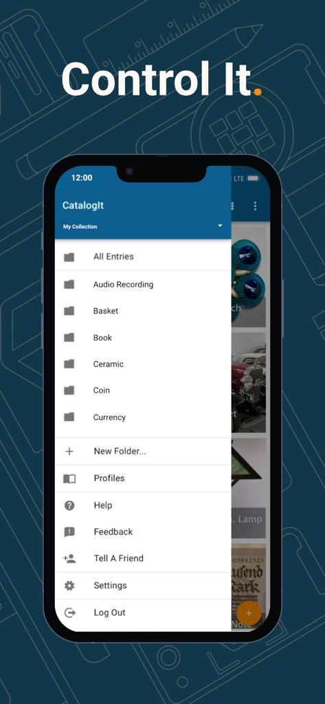 CatalogIt: Manage Collections - CatalogIt app menu displaying collection categories like books and coins