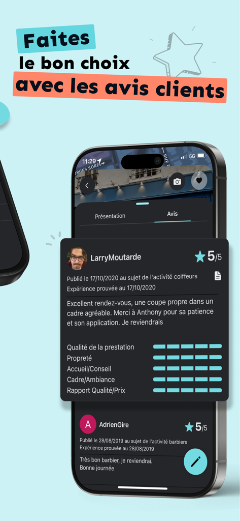 PagesJaunes - Recherche locale - PagesJaunes app screen displaying detailed customer ratings and reviews for local businesses