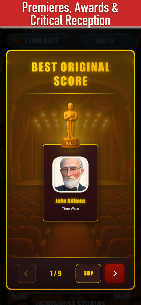 Hollywood - The Movie Tycoon - Hollywood The Movie Tycoon game screen showing a Best Original Score award for John Billions