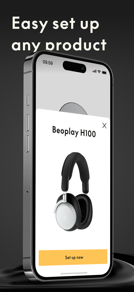 Interfaz de la aplicación Bang and Olufsen que muestra la pantalla de configuración de los auriculares Beoplay H100 en un iPhone