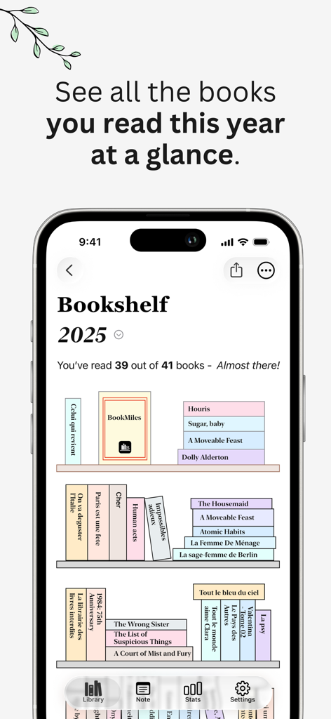 L'application BookMiles montrant une étagère visuelle avec la progression de la lecture et les objectifs pour 2025.